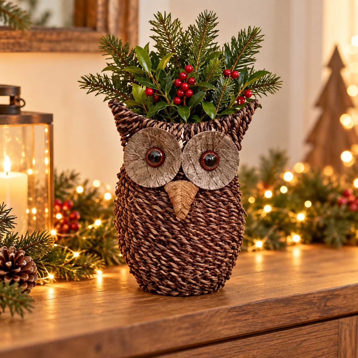 Rustic woven owl planter with festive greenery in a warm Christmas display