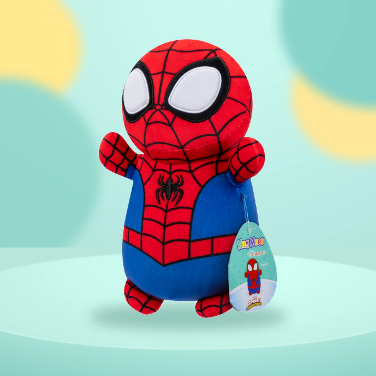 Squishmallows - 10in Spidey and Friends HugMees on a playful mint studio display