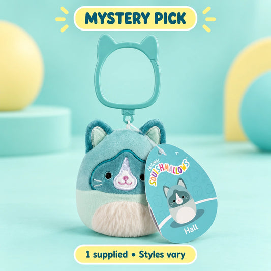 Squishmallows - 3.5in Mini Clip-On Plush 27 - Mystery Pick shown in full on a pale teal studio background