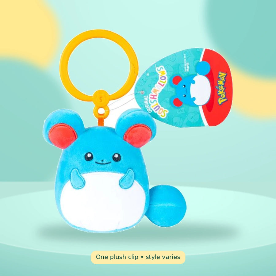 Squishmallows Pokemon 3.5in - Clip-On Asst on a playful mint studio display — One plush clip • style varies