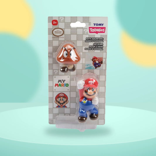 Toomies Super Mario Squirters - Mario & Gumba on a playful mint studio display