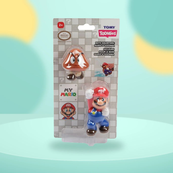 Toomies Super Mario Squirters - Mario & Gumba on a playful mint studio display