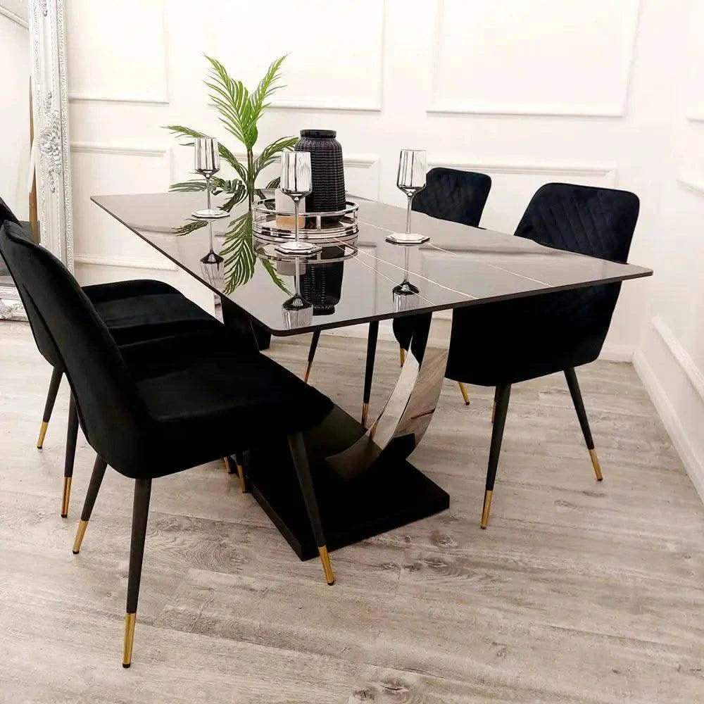 Venus 1.6 Chrome Dining Table with Black Sintered Stone Top With 4 Luna Velvet Dining Chairs UK Beds Direct ltd