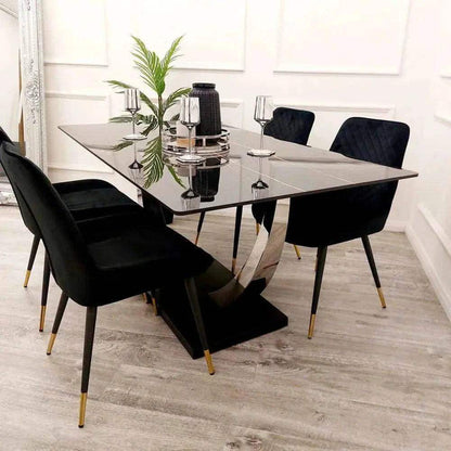 Venus 1.6 Chrome Dining Table with Black Sintered Stone Top With 4 Luna Velvet Dining Chairs UK Beds Direct ltd