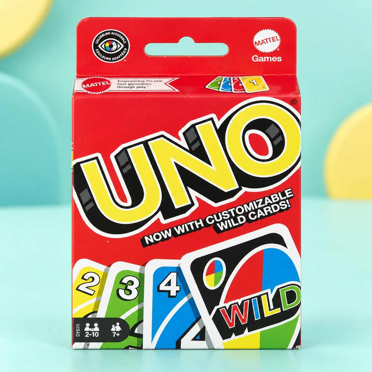 Uno Card Game - Custom Wild Card shown in full on a pale teal studio background
