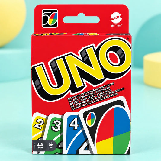 Uno Classic Card Game shown in full on a pale teal studio background