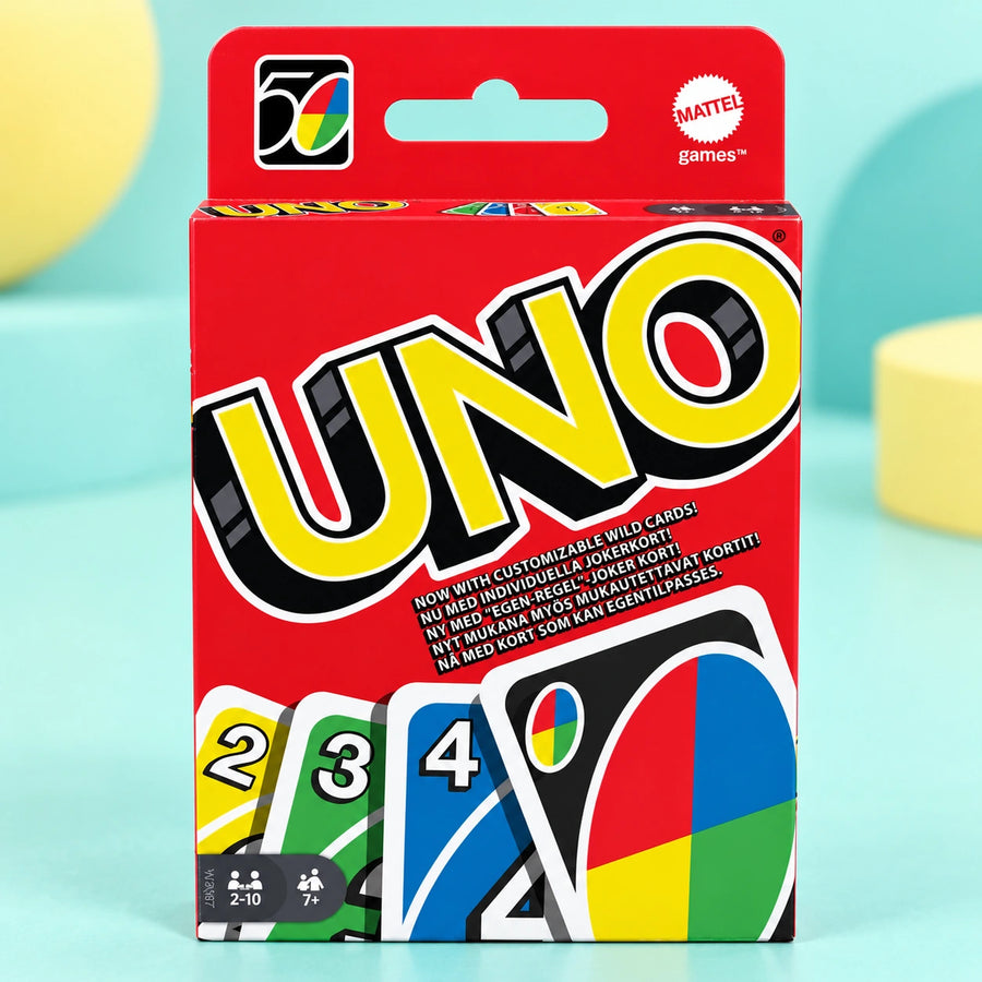 Uno Classic Card Game shown in full on a pale teal studio background