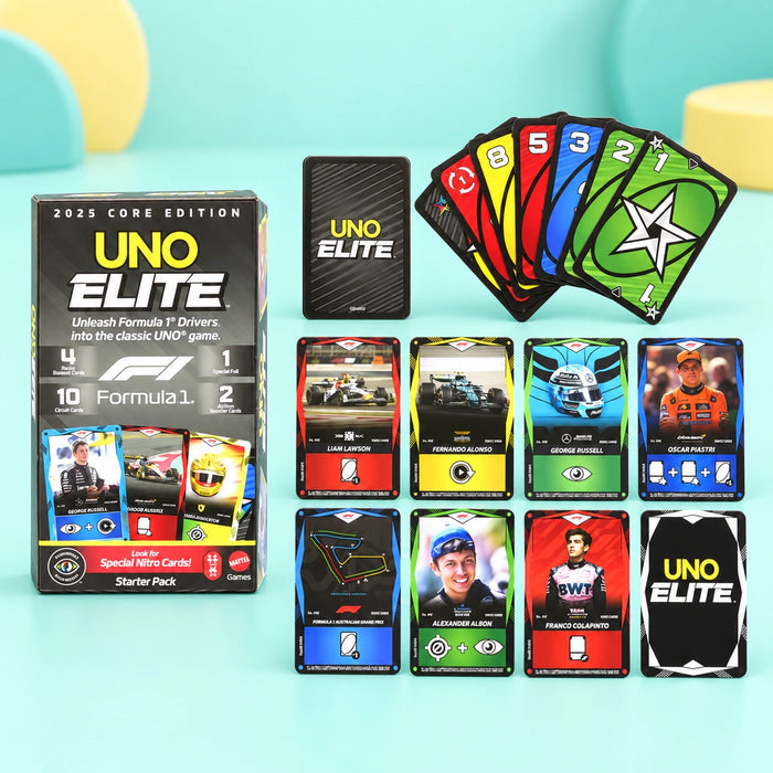 Uno Elite Formula 1 Starter Pack shown in full on a pale teal studio background