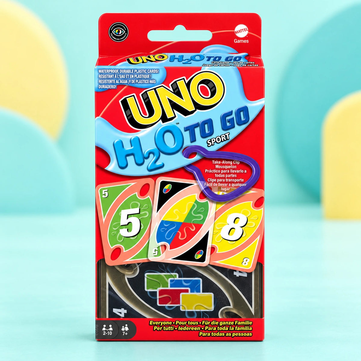 Uno H2O To Go Card Game shown in full on a pale teal studio background
