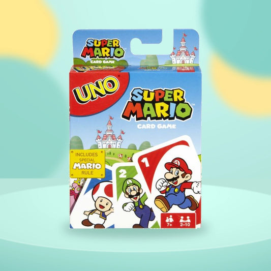 Uno Super Mario Bros on a playful mint studio display