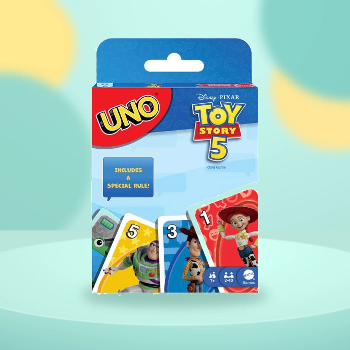Uno Toy Story 5 on a playful mint studio display
