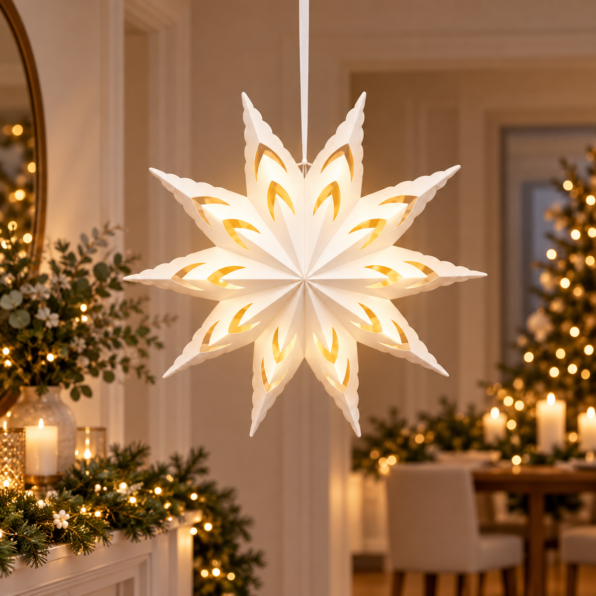 White 38cm ten-point velvet-finish paper star glowing in a festive interior