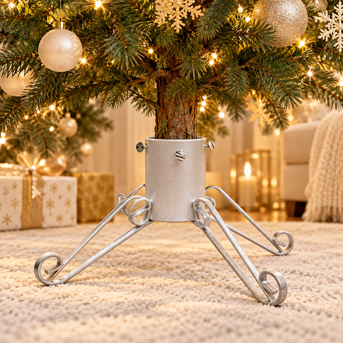 White sparkle traditional 5-inch Christmas tree stand supporting a real tree