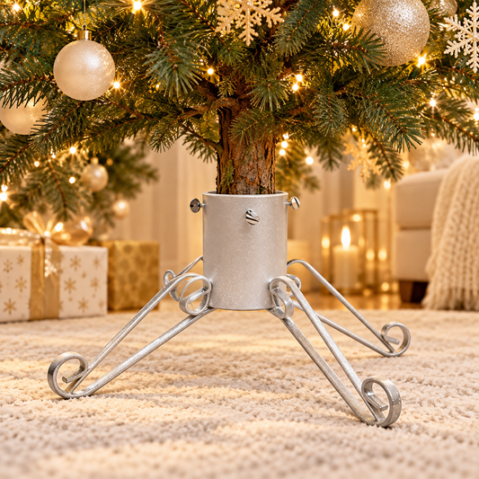 White sparkle traditional 5-inch Christmas tree stand supporting a real tree