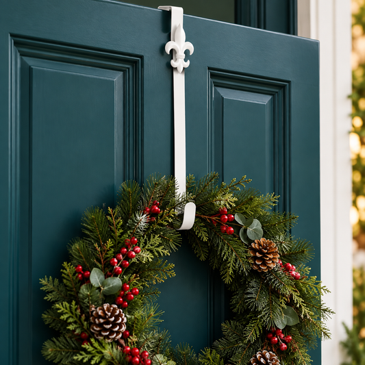 White 40cm wreath hanger fitted over a teal door
